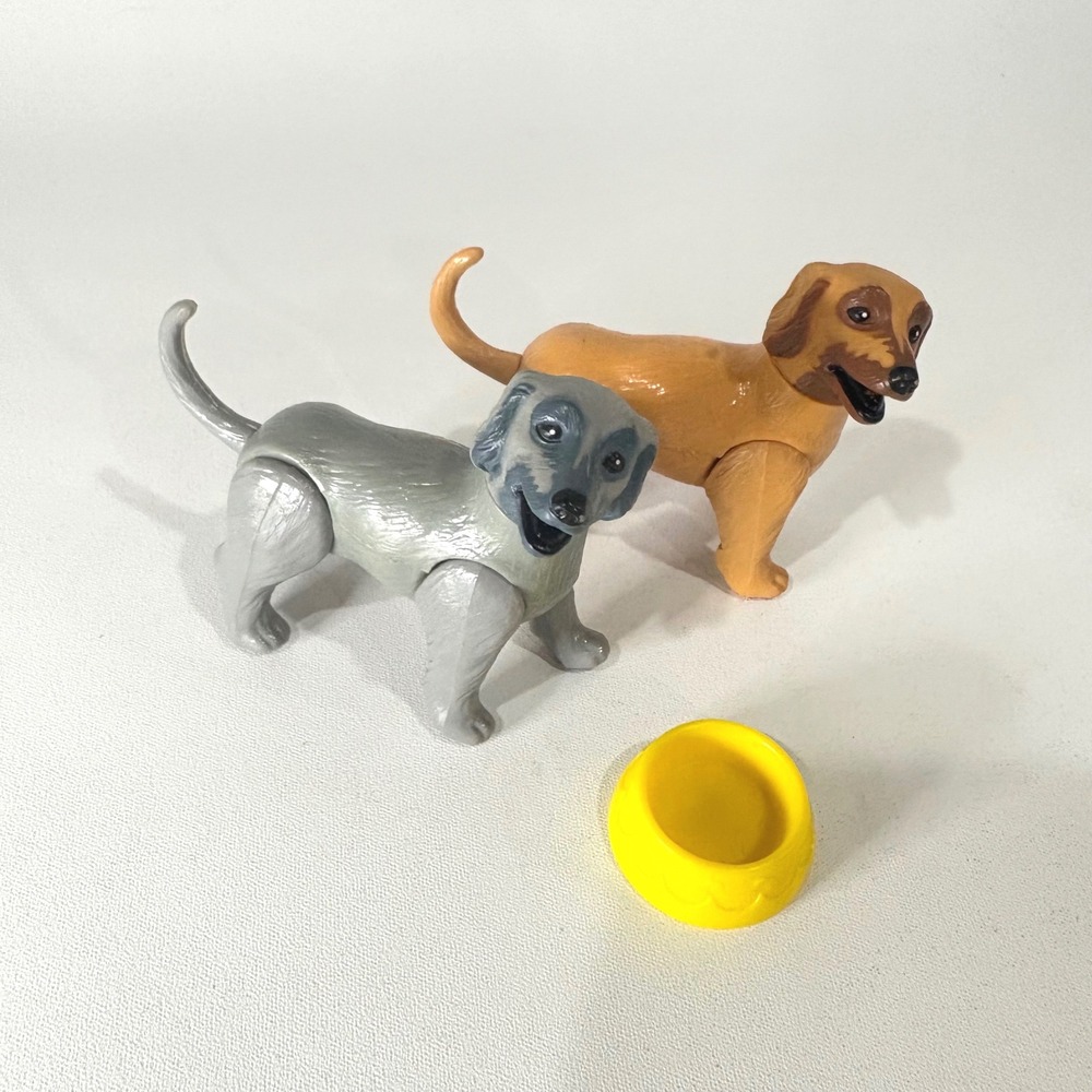 Vintage 1981 Barbie Afghan Hound Puppies Gray Brown Lot of 2 Mattel Pet Bowl